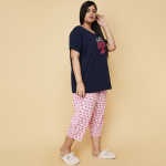 Women Plus Size Navy Blue & Pink Printed Pure Cotton Night suit